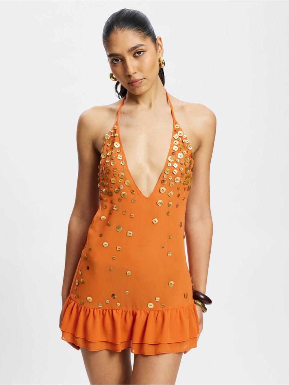 Jaded London Layered Button Mini Dress in Orange Size 6